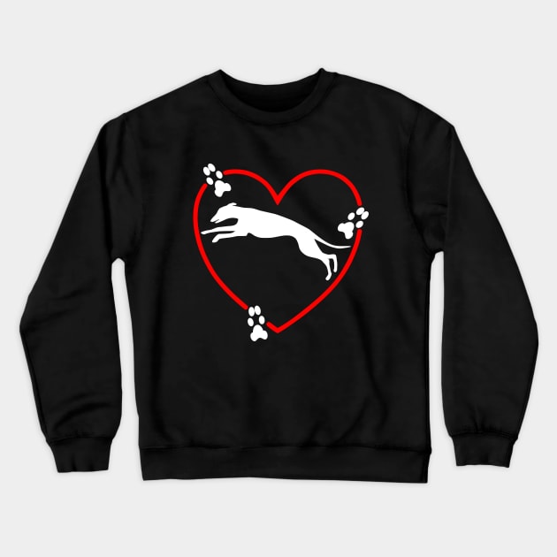 Running White Greyhound Red Heart Paw Prints Crewneck Sweatshirt by Greyt Graphical Greyhound